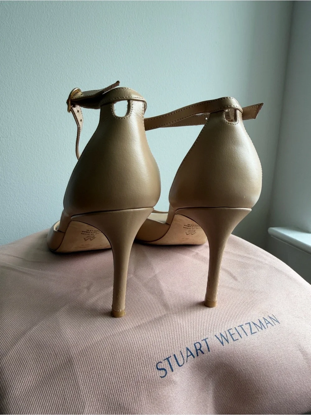 Stuart Weitzman Beige Leather Ankle-Strap Open-Toe Heels